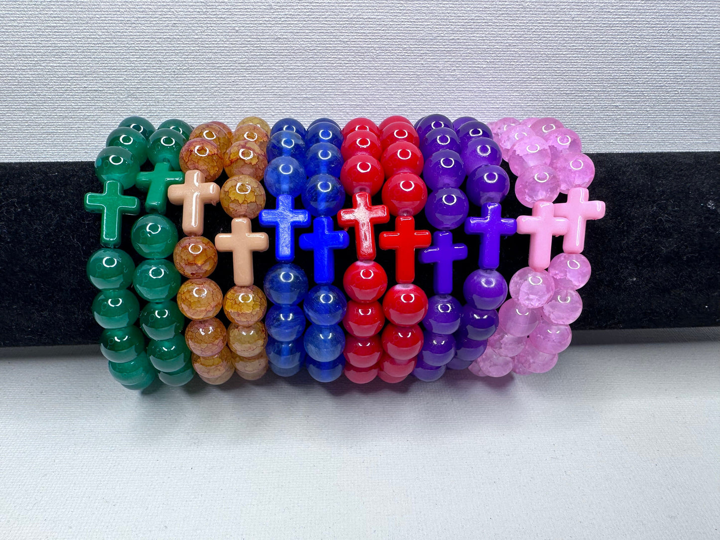 Cross Charm Beaded Stretch Bracelet Stackable Religious Christian Set 2