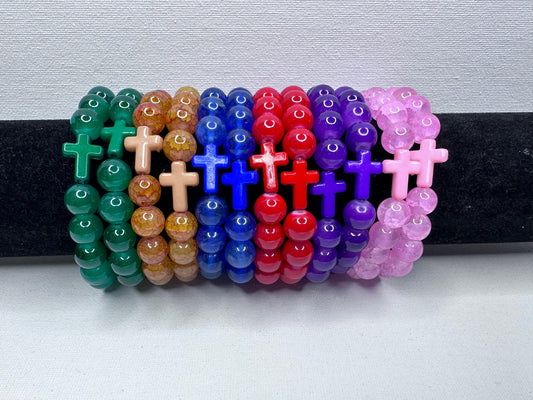 Cross Charm Beaded Stretch Bracelet Stackable Religious Christian Set 2
